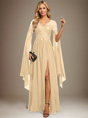 A-line V-Neck Floor-Length Lace Chiffon Evening Dress