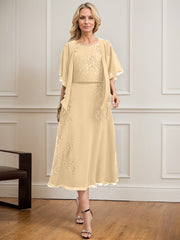 A-line Scoop Tea-Length Lace Chiffon Mother of the Bride Dress With Sequins