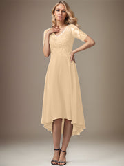 A-line V-Neck Asymmetrical Lace Chiffon Mother of the Bride Dress With Sequins