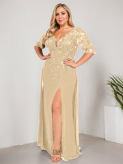 Sheath/Column V-Neck Floor-Length Lace Chiffon Mother of the Bride Dress With Sequins