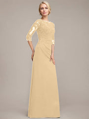 A-line Scoop Floor-Length Chiffon Lace Mother of the Bride Dress With Sequins Beading Pleated