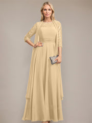 A-line Scoop Illusion Floor-Length Lace Chiffon Mother of the Bride Dress With Pleated