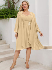 Sheath/Column Sweetheart Knee-Length Chiffon Mother of the Bride Dress With Beading Appliques Lace Sequins Pleated