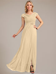A-line Scoop Floor-Length Mesh Mother of the Bride Dress With Pleated Beading