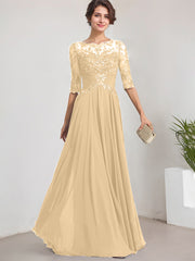 A-line Scoop Illusion Floor-Length Lace Chiffon Mother of the Bride Dress With Pleated Sequins