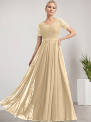 A-line V-Neck Floor-Length Lace Chiffon Mother of the Bride Dress