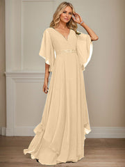 A-line V-Neck Floor-Length Chiffon Mother of the Bride Dress With Sequins Appliques Lace Beading