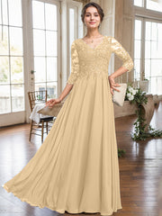 A-line V-Neck Floor-Length Lace Chiffon Mother of the Bride Dress With Sequins