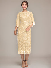Sheath/Column Scoop Tea-Length Lace Chiffon Mother of the Bride Dress