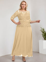 A-line Scoop Illusion Ankle-Length Chiffon Lace Mother of the Bride Dress With Rhinestone Beading