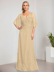 A-line V-Neck Floor-Length Lace Chiffon Mother of the Bride Dress With Sequins Beading