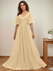 A-line V-Neck Floor-Length Chiffon Mother of the Bride Dress With Sequins Appliques Lace Pleated