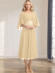 A-line V-Neck Tea-Length Chiffon Mother of the Bride Dress With Pleated Sequins Appliques Lace Beadind