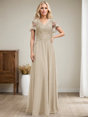 A-line V-Neck Floor-Length Lace Chiffon Mother of the Bride Dress With Sequins