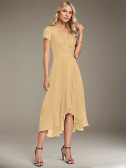 A-line V-Neck Asymmetrical Lace Chiffon Mother of the Bride Dress