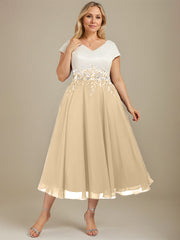 A-line V-Neck Tea-Length Satin Chiffon Mother of the Bride Dress With Appliques Lace