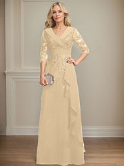 A-line Collared V-Neck Floor-Length Lace Chiffon Mother of the Bride Dress With Sequins Cascading Ruffles