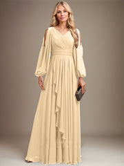 A-line Cold Shoulder V-Neck Floor-Length Chiffon Mother of the Bride Dress With Cascading Ruffles Beading