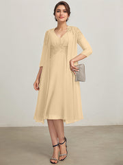 A-line V-Neck Knee-Length Chiffon Lace Mother of the Bride Dress With Pleated Beading Sequins