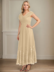 A-line V-Neck Ankle-Length Chiffon Mother of the Bride Dress With Bow Sequins Appliques Lace