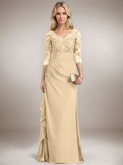 A-line V-Neck Floor-Length Lace Chiffon Mother of the Bride Dress With Cascading Ruffles