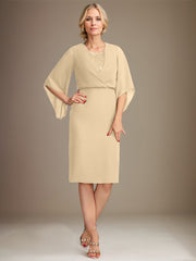 Sheath/Column V-Neck Knee-Length Lace Chiffon Mother of the Bride Dress With Sequins