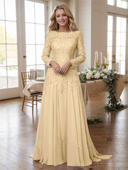 A-line Bateau Long Sleeves Appliques Lace Sweep Train Chiffon Mother of the Bride Dres