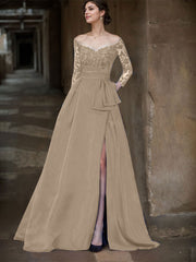 A-Line Off-The-Shoulder 3/4 Sleeves Sweep Train Lace/Satin Mother Of The Bride Dresses With Split Front
