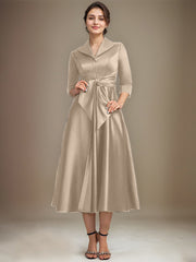 A-line V-Neck Collared Tea-Length Satin Mother of the Bride Dress