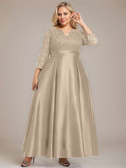 A-line V-Neck Ankle-Length Lace Satin Mother of the Bride Dress With Rhinestone