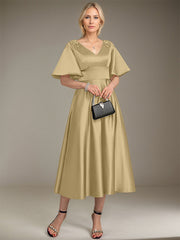 A-line V-Neck Tea-Length Satin Mother of the Bride Dress With Beading