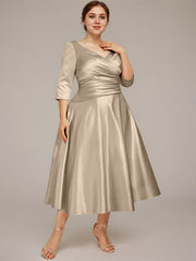 A-line V-Neck Tea-Length Satin Mother of the Bride Dress With Pleated