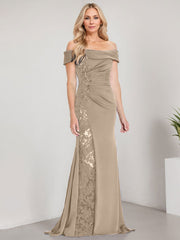 A-Line Off the Shoulder Floor-Length Chiffon Mother of the Bride Dress Applique Beadings Mermaid Dress With  High Split