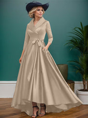 A-Line V-Neck 3/4 Sleeves Satin Mother Of The Bride Dresses With Pockets