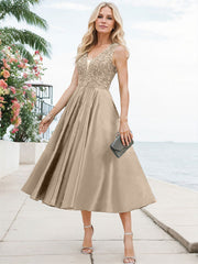 A-Line V-Neck Sleeveless Tea-Length Satin Mother Of The Bride Dresses With Lace