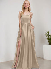A-line Square Floor-Length Satin Evening Dress