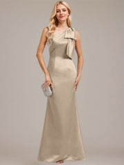 Sheath/Column One Shoulder Floor-Length Satin Evening Dress With Bow Pleated