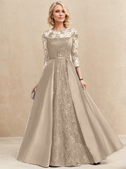 A-line Scoop Illusion Floor-Length Satin Lace Evening Dress With Sequins