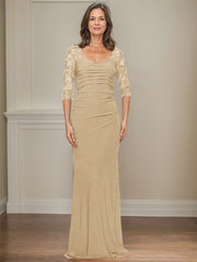 Sheath/Column Square Neckline 3/4 Sleeves Floor-Length Jersey Mother Of The Bride Dresses With Lace