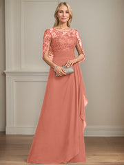 A-line Scoop Illusion Floor-Length Lace Chiffon Mother of the Bride Dress With Cascading Ruffles Sequins