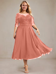 A-line Scoop Illusion Tea-Length Lace Chiffon Mother of the Bride Dress With Sequins