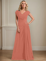 A-line V-Neck Floor-Length Chiffon Mother of the Bride Dress With Pleated Sequins Beading