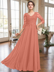 A-line V-Neck Floor-Length Lace Chiffon Mother of the Bride Dress With Sequins