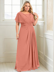 A-line Scoop Floor-Length Chiffon Mother of the Bride Dress With Pleated Beading