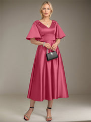 A-line V-Neck Tea-Length Satin Mother of the Bride Dress With Beading