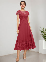 A-line Scoop Illusion Tea-Length Lace Chiffon Mother of the Bride Dress With Sequins