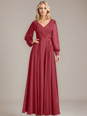 A-line V-Neck Floor-Length Chiffon Mother of the Bride Dress With Sequins Appliques Lace Pleated