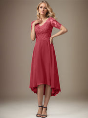 A-line V-Neck Asymmetrical Lace Chiffon Mother of the Bride Dress With Sequins