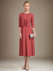 A-line Scoop Tea-Length Chiffon Mother of the Bride Dress With Pleated