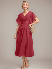 A-line V-Neck Tea-Length Chiffon Mother of the Bride Dress With Pleated Beading